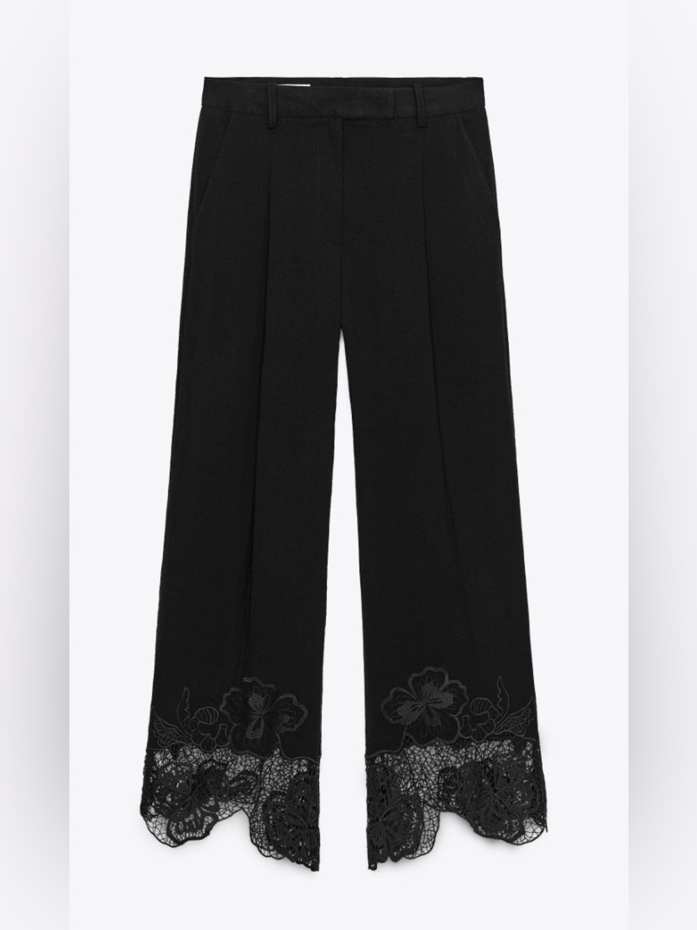 Zara Embroidery Trousers High Waist Embroidery Floral Zip up Black Medium NWT - Picture 5 of 12